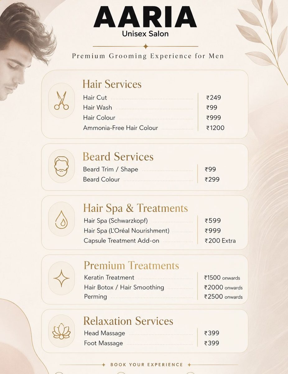 AARIA's printed men's grooming menu with prices